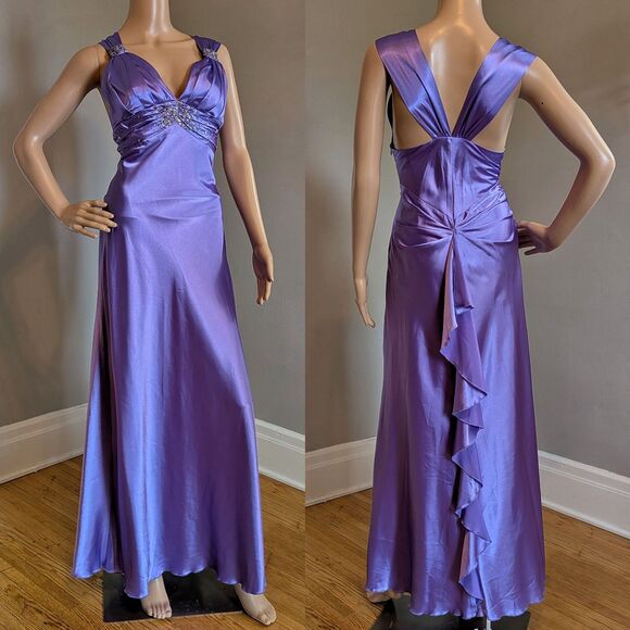 NWT Roberta Purple Silky Maxi Prom Gown, Beaded Sequin, Party, Size 5/6 - Picture 1 of 13